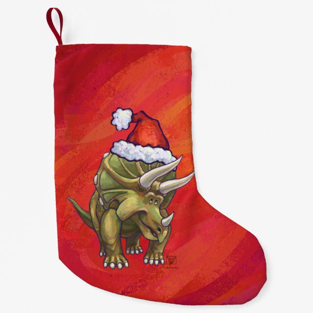 Triceratops Christmas On Red Small Christmas Stocking (Front)