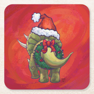 Triceratops Christmas On Red Square Paper Coaster
