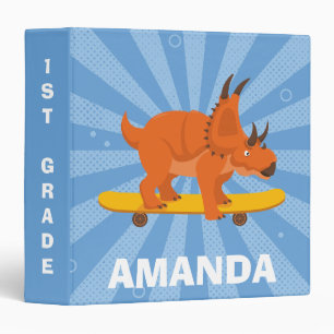 Triceratops dino on a skateboard Back to School  Binder