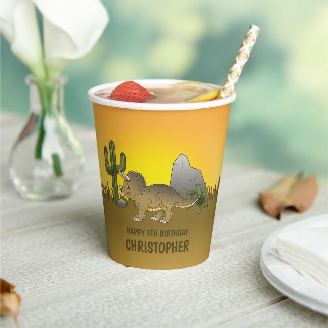 Triceratops Dinosaur Cactus Desert Kid's Birthday Paper Cups (Insitu)