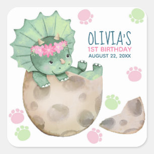 Triceratops Dinosaur Girl Birthday Party Square Sticker