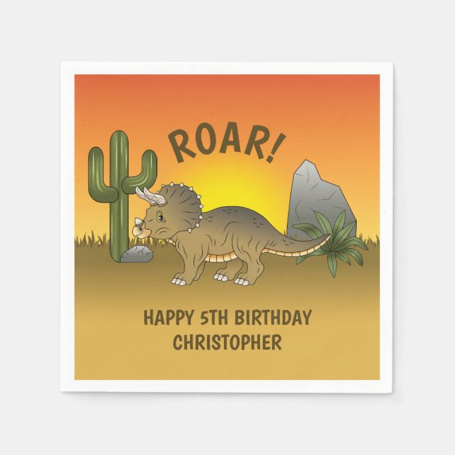 Triceratops Dinosaur Orange Yellow Desert Birthday Napkin (Front)