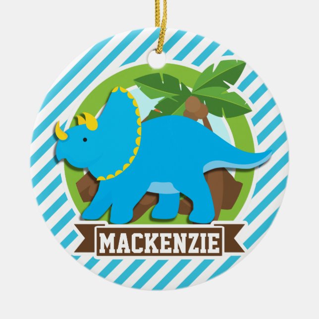 Triceratops Dinosaur; Sky Blue & White Stripes Ceramic Ornament (Front)