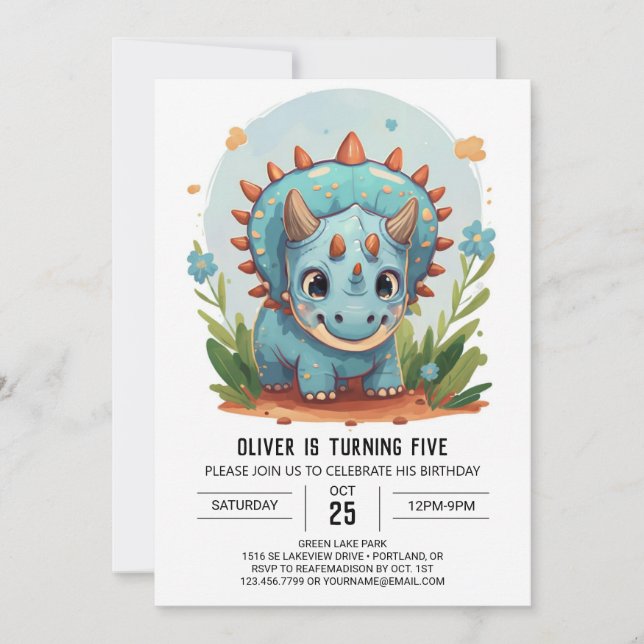 Triceratops Editable Dinosaur Boy Birthday Invitation (Front)