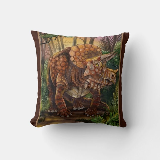 Triceratops Forest Throw Pillow (Front)