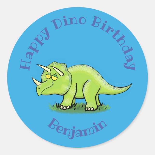 Triceratops happy dinosaur cartoon classic round sticker (Front)