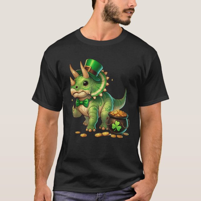 Triceratops Leprechaun St Patricks Day Shamrock Cu T-Shirt (Front)