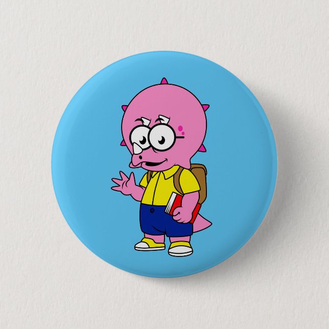 Triceratops Nerd With Backpack And Textbook. 2 Inch Round Button (Front)
