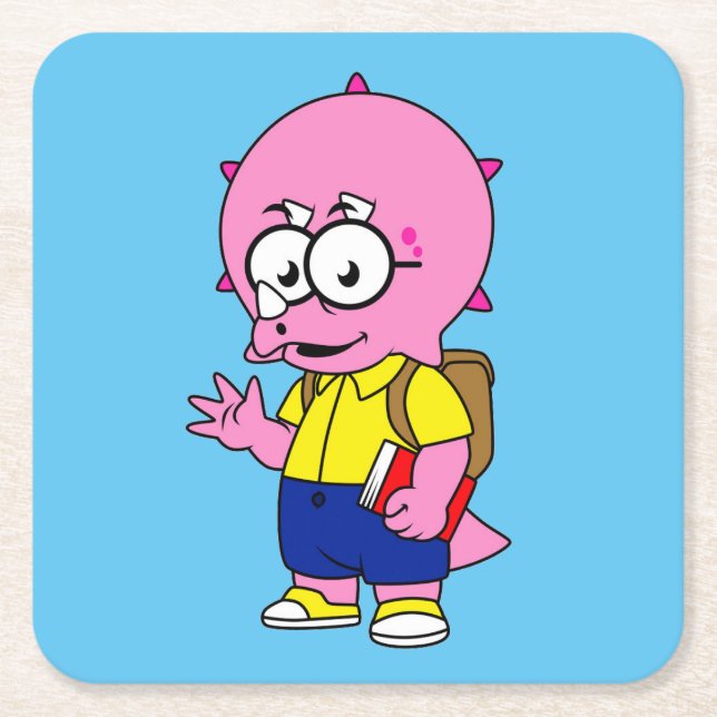 Triceratops Nerd With Backpack And Textbook. Square Paper Coaster (Front)