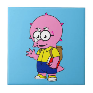 Triceratops Nerd With Backpack And Textbook. Tile