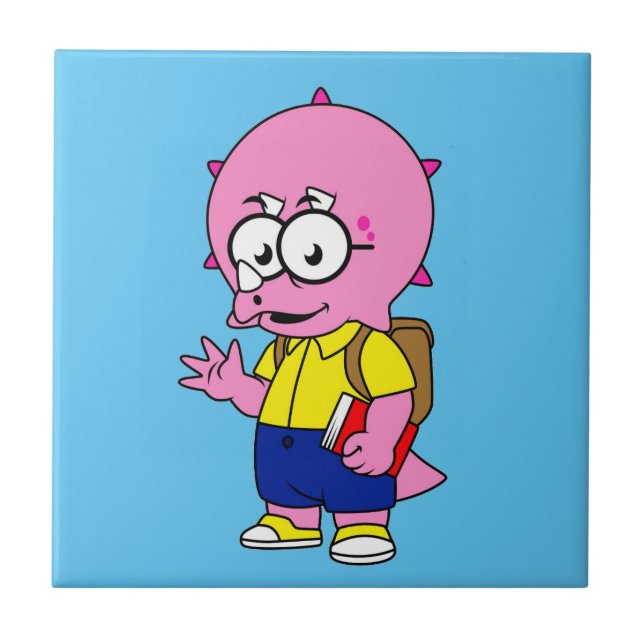 Triceratops Nerd With Backpack And Textbook. Tile (Front)