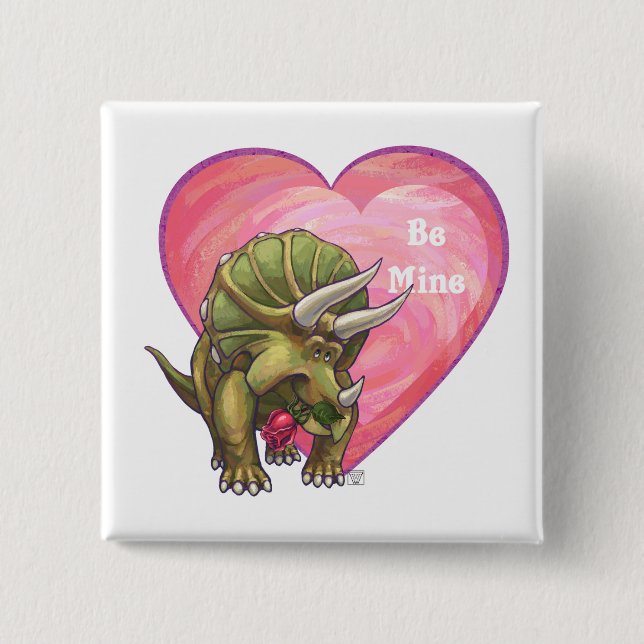 Triceratops Red Rose Heart 2 Inch Square Button (Front)
