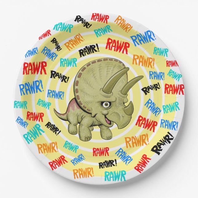 Triceratops says “Rawr!” Paper Plate (Front)