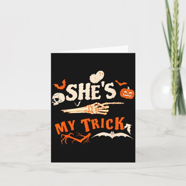 Trick Funny Skeleton Halloween Matching Couples Card (Front)