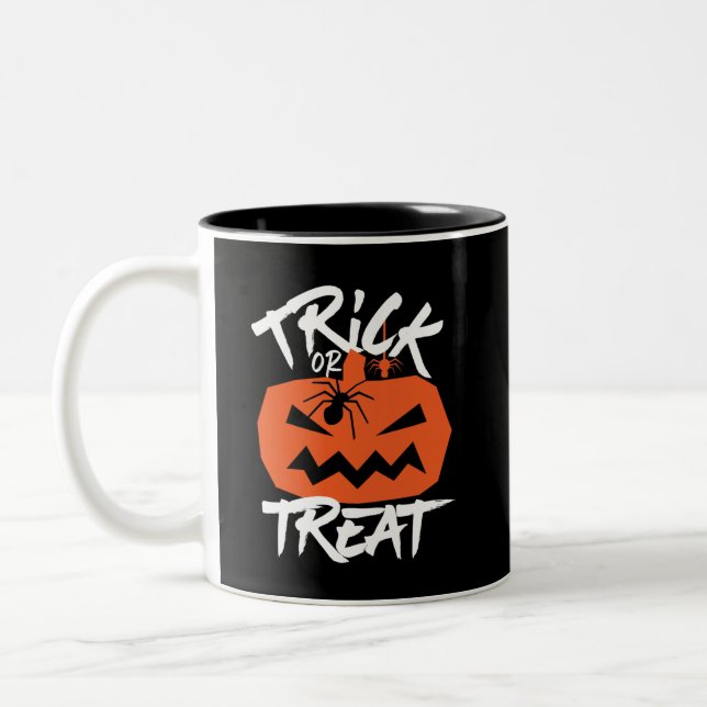 Trick O Treat Jack O Lantern Funny Halloween Two-Tone Coffee Mug (Left)
