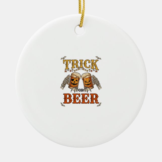Trick Or Beer Halloween Pumpkin Mug Skeleton Hands Ceramic Ornament (Front)