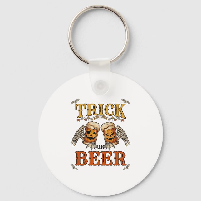 Trick Or Beer Halloween Pumpkin Mug Skeleton Hands Keychain (Front)