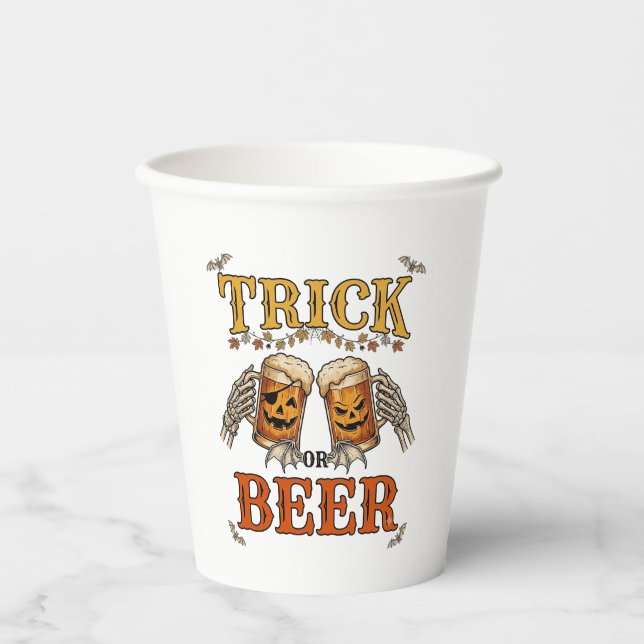 Trick Or Beer Halloween Pumpkin Mug Skeleton Hands Paper Cups (Front)