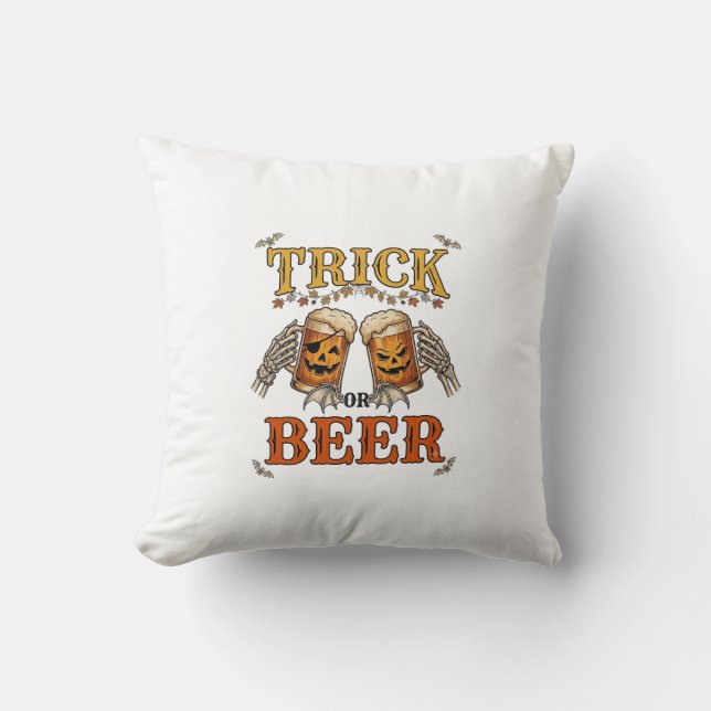 Trick Or Beer Halloween Pumpkin Mug Skeleton Hands Throw Pillow (Front)