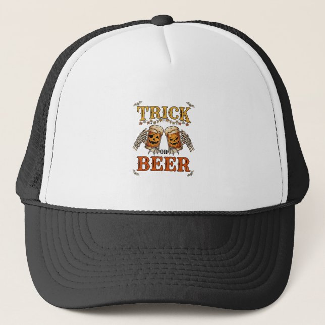 Trick Or Beer Halloween Pumpkin Mug Skeleton Hands Trucker Hat (Front)