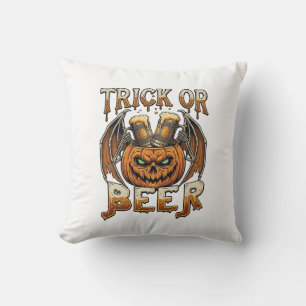 Trick Or Beer Halloween Pumpkin Skeleton Wings Mug Throw Pillow
