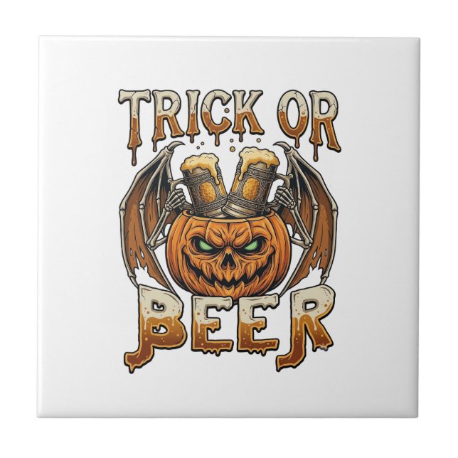 Trick Or Beer Halloween Pumpkin Skeleton Wings Mug Tile (Front)