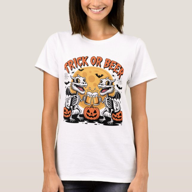 Trick or Beer Skeleton Dragons Art T-Shirt (Front)