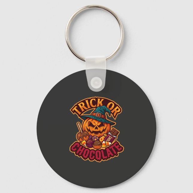 Trick Or Chocolate Halloween Pumpkin Witch Hat Can Keychain (Front)