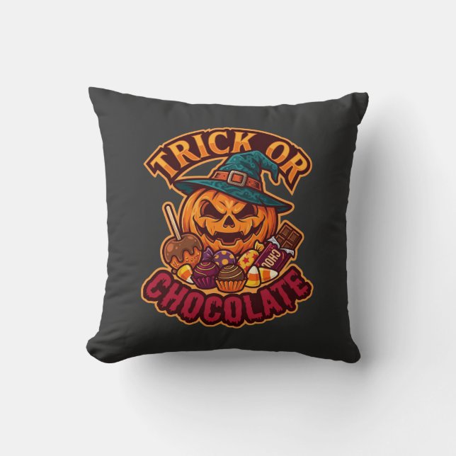 Trick Or Chocolate Halloween Pumpkin Witch Hat Can Throw Pillow (Front)