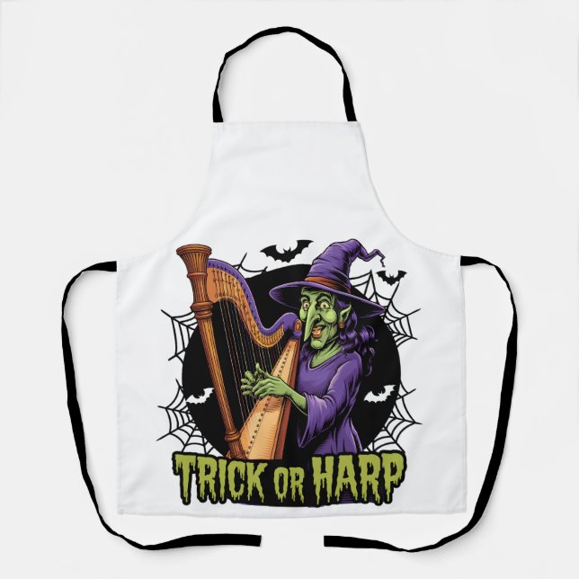 Trick Or Harp Spooky Witch Playing Harp Halloween Apron (Front)