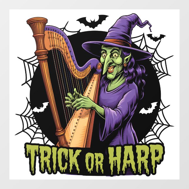 Trick Or Harp Spooky Witch Playing Harp Halloween Window Cling (Sheet)