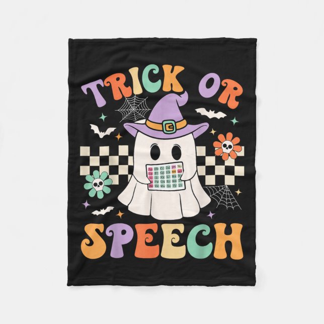 Trick Or Speech Halloween Slp Retro Speech Therapy Fleece Blanket (Front)