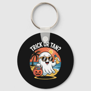 Trick Or Tan Funny Halloween Cute Ghost Beach Summ Keychain