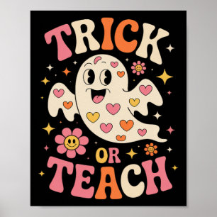 Trick Or Teach Cute Ghost Teacher Halloween Retro Poster