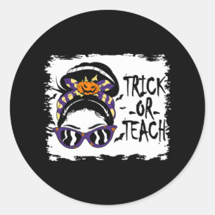 Trick Or Teach Cute Halloween Teacher Messy Bun Re Classic Round Sticker