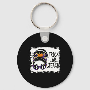 Trick Or Teach Cute Halloween Teacher Messy Bun Re Keychain