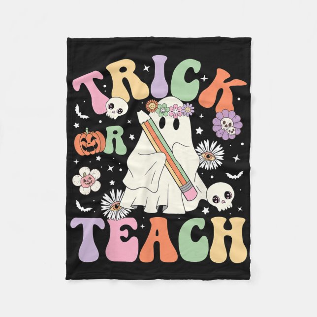 Trick Or Teach Cute Teacher Halloween Retro Floral Fleece Blanket (Front)
