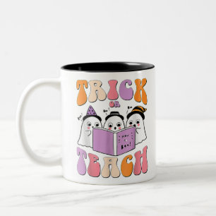 Trick Or Teach Ghost Retro Groovy Halloween Teache Two-Tone Coffee Mug