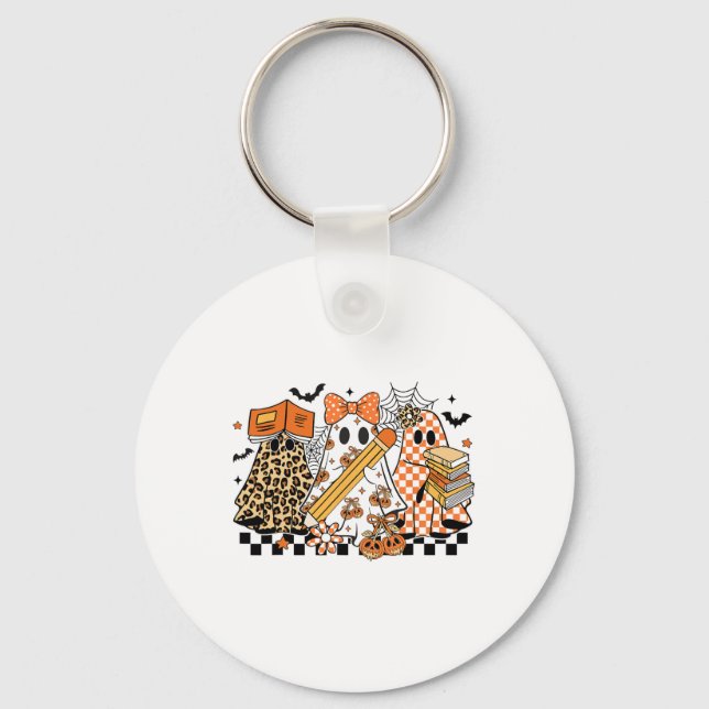 Trick Or Teach Ghost Teacher Halloween Retro Cherr Keychain (Front)