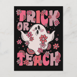 Trick Or Teach Groovy Ghost With Vintage Flowers H Holiday Postcard