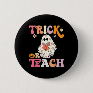 Trick or Teach Groovy Halloween Retro Floral Ghost 2 Inch Round Button