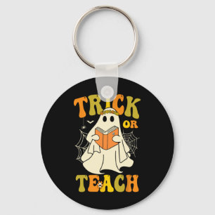 Trick Or Teach Groovy Halloween Retro Floral Ghost Keychain