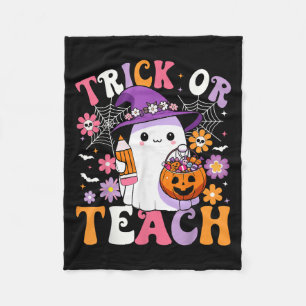 Trick Or Teach Groovy Teacher Ghost Funny Hallowee Fleece Blanket