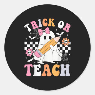 Trick Or Teach Groovy Teacher Halloween Retro Flor Classic Round Sticker