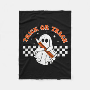 Trick Or Teach Groovy Teacher Halloween Retro Flor Fleece Blanket