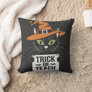 Trick or Teach Halloween Cat - Funny Teacher Throw Pillow