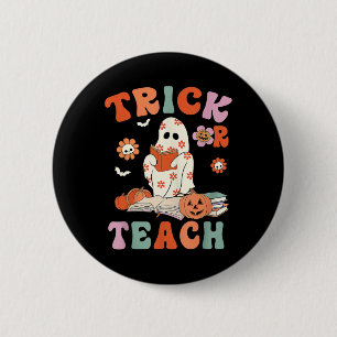 Trick Or Teach Retro Groovy Floral Ghost Teacher H 2 Inch Round Button