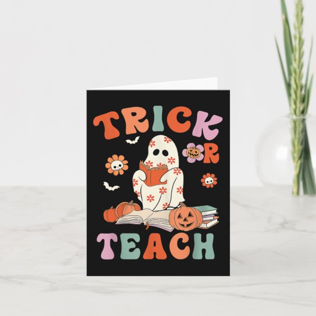 Trick Or Teach Retro Groovy Floral Ghost Teacher H Card (Front)
