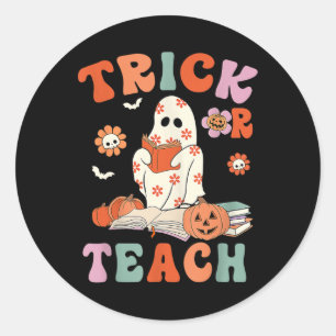 Trick Or Teach Retro Groovy Floral Ghost Teacher H Classic Round Sticker
