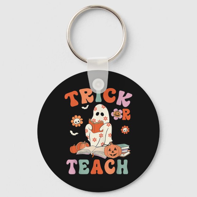 Trick Or Teach Retro Groovy Floral Ghost Teacher H Keychain (Front)